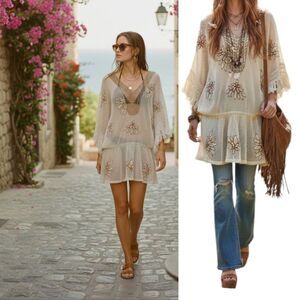 Nwt Sézane Style Crochet Macrame embelished Floral Mini Dress/Top  /Cover Up O/S